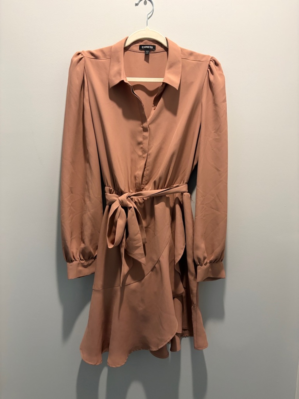 Express Rust-Tone Long Sleeve Wrap Dress with Tie Belt